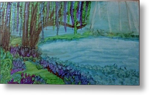 Landscape Metal Print featuring the painting Willows By The Pond by Kelly Dallas