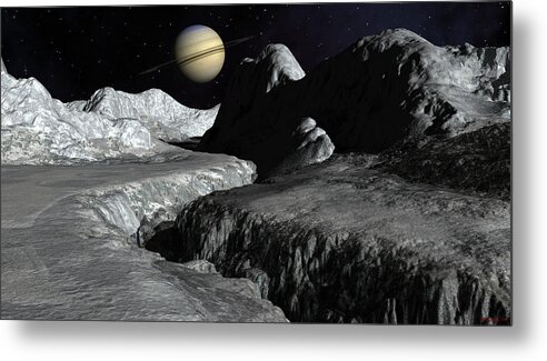 Solar System Metal Print featuring the digital art Saturn from the surface of Enceladus by David Robinson