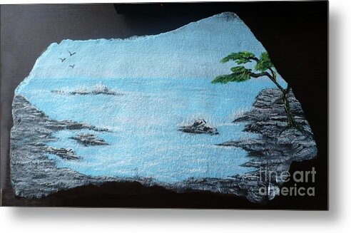 Rock Metal Print featuring the painting Water with Tree by Monika Shepherdson