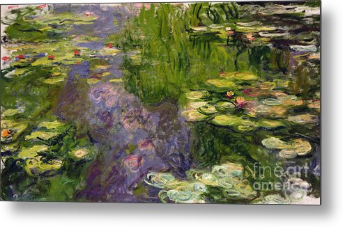 Nympheas; Water; Lily; Waterlily; Impressionist; Green; Purple Metal Print featuring the painting Waterlilies by Claude Monet