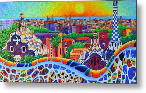Barcelona Metal Print featuring the painting BARCELONA PARK GUELL SUNRISE modern impressionism palette knife oil painting by Ana Maria Edulescu by Ana Maria Edulescu