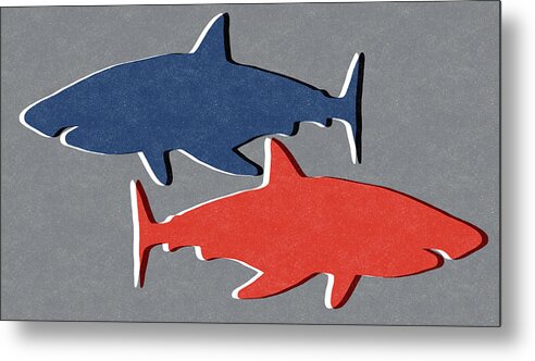 Shark Metal Print featuring the mixed media Blue and Red Sharks by Linda Woods