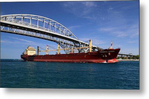 Federal Weser Metal Print featuring the photograph Federal Weser and Blue Water Bridge by Mary Bedy