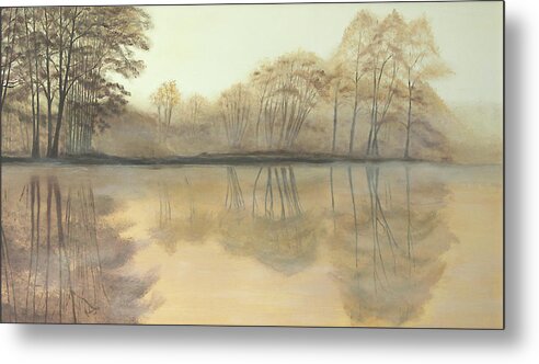 Moody Scene Metal Print featuring the painting Foggy Reflections by Johanna Lerwick
