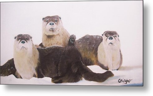 Otters Metal Print featuring the painting Otters. by Jean Yves Crispo
