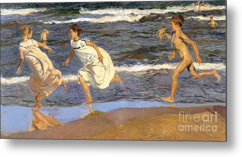 Joaqu�n Sorolla Y Bastida (spanish Metal Print featuring the painting Running Along the Beach by Celestial Images