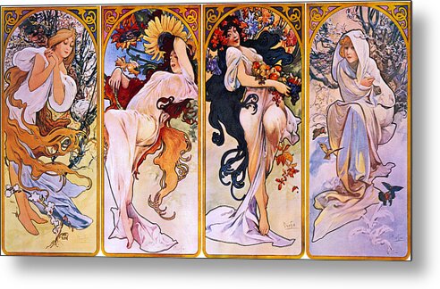 Alphonse Mucha Metal Print featuring the painting The Four Seasons by Alphonse Mucha