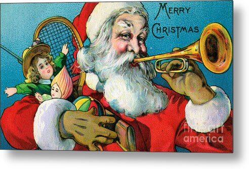 Christmas Metal Print featuring the painting Victorian illustration of Santa Claus holding toys and blowing on a trumpet by American School