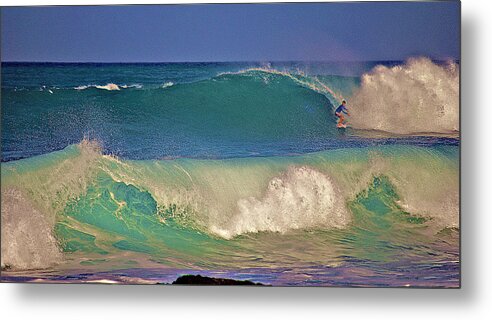 Surfer Metal Print featuring the photograph Waves and Surfer in Morning Light 2 by Bette Phelan