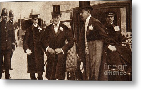 Winston Churchill Metal Print featuring the photograph Winston Churchill arriving at the doors of St Margaret's, Westminster on his Wedding Day, 1908 by English School