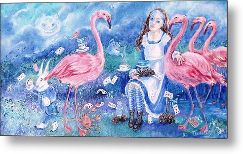 Alice In Wonderland -flamingo Metal Print featuring the painting Alice in Wonderland -Flamingo Croquet Anyone ? by Trudi Doyle