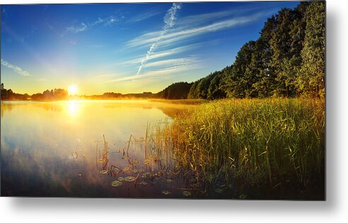 Water's Edge Metal Print featuring the photograph Foggy Lake At Dusk - Hdr Panorama by Konradlew