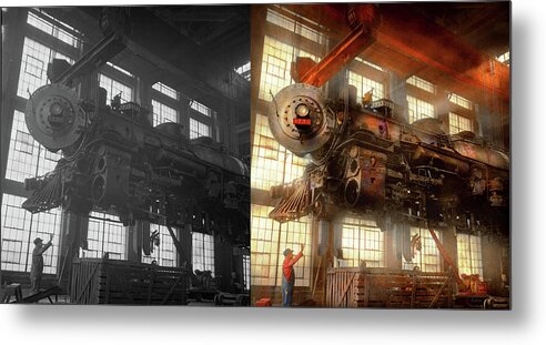 Train Art Metal Print featuring the photograph Locomotive - Repair - Flying trains hidden dangers 1943 - Side by Side by Mike Savad