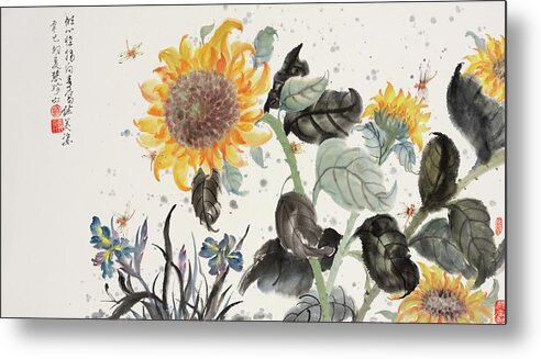Chinese Watercolor Metal Print featuring the painting Sunflower and Dragonfly by Jenny Sanders