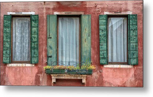 Venice Metal Print featuring the photograph Three Windows with Green Shutters of Venice by David Letts