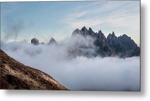 Italian Alps Metal Print featuring the photograph Mountain landscape with fog in autumn. Tre Cime dolomiti Italy. by Michalakis Ppalis