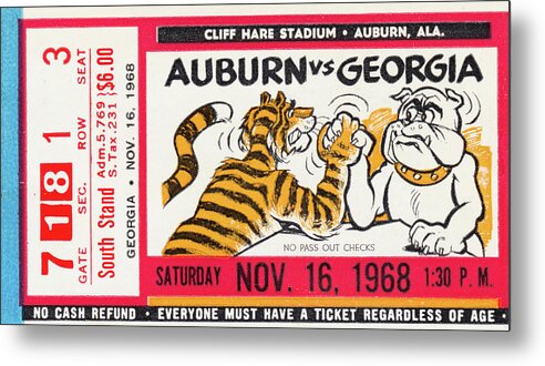Ticket Metal Print featuring the mixed media 1968 Auburn Tigers vs. Georgia Bulldogs by Row One Brand
