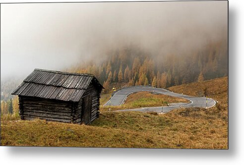 Passo Gardena Metal Print featuring the photograph Autumn landscape with wooden chalet dolomiti Italian Apls by Michalakis Ppalis