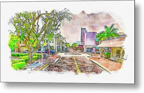 Downtown Fort Myers Metal Print featuring the digital art Downtown Fort Myers, Florida, near the Edison Theatre - pen sketch and watercolor by Nicko Prints