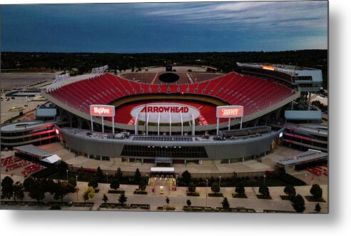 Aerial View Arrowhead Stadium Metal Print featuring the photograph Early morning view of Kansas City Chiefs Arrowhead Stadium by Eldon McGraw