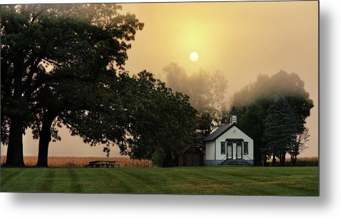 Cooksville Metal Print featuring the photograph Foggy Memories - Cooksville WI Schoolhouse in foggy fall sunrise by Peter Herman