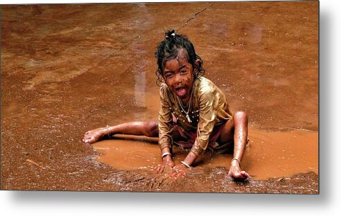 Puddle Metal Print featuring the photograph Girl in the puddle of brown water by Robert Bociaga