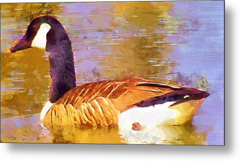 Goose Metal Print featuring the mixed media Canada Goose on the Pond bird waterfowl print by Christopher Reed