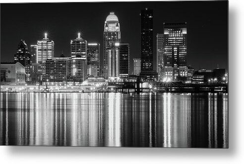 Louisville Skyline Reflections Black And White Metal Print featuring the photograph Louisville Skyline Reflections Black And White by Dan Sproul