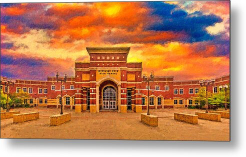 Mckinney Boyd High School Metal Print featuring the digital art McKinney Boyd High School at sunset - digital painting by Nicko Prints