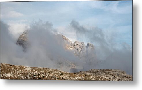 Italian Alps Metal Print featuring the photograph Mountain landscape with fog in autumn. Tre Cime dolomiti Italy. by Michalakis Ppalis