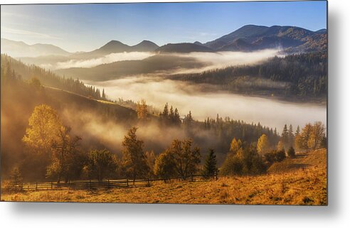 Scenics Metal Print featuring the photograph Panorama of misty sunrise in the mountains by Anton Petrus