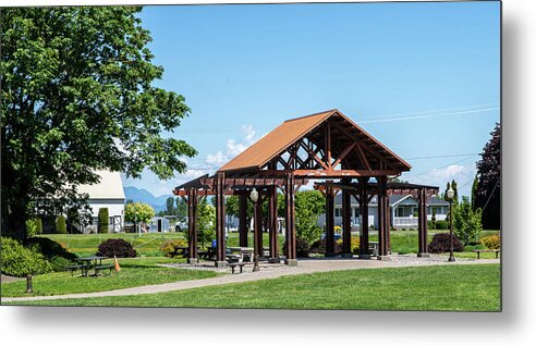 Picnic Shelter And White Barn In Everson Metal Print featuring the photograph Picnic Shelter and White Barn in Everson by Tom Cochran