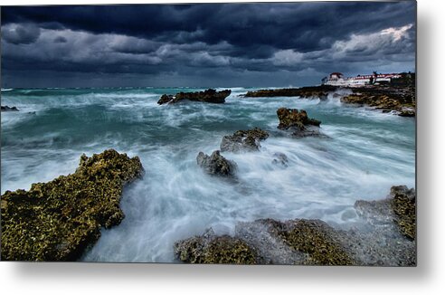 Sea Ocean Rough Weather Rocks Clouds Waves Blue Sea Surge Storm Bahamas Metal Print featuring the photograph Sea Break by Montez Kerr