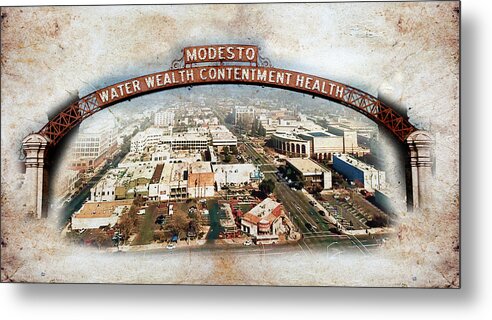 Modesto Metal Print featuring the digital art The Modesto Arch and a panorama of downtown Modesto, on old paper by Nicko Prints