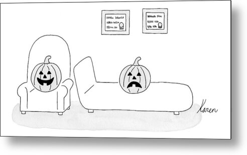 Pumpkins Metal Print featuring the drawing A Carved Pumpkin With A Frowning Face by Karen Sneider