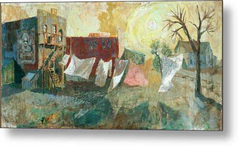 Art Artist Painting Impressionism Large Colorful Lighting Red Gold Green White Tree House Buildings Clothesline Circus Signage Clothes Sheets Wind Robert Cooper Peggy Cooper Cooperhouse Publishing Metal Print featuring the painting Clothesline by Peggy Cooper-Hendon