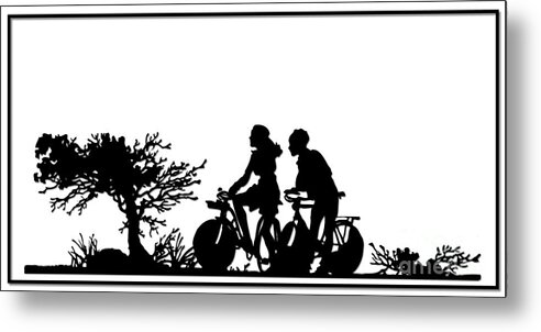 Bikes Metal Print featuring the digital art Couple Riding Bikes Silhouette by Rose Santuci-Sofranko