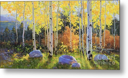 Oil Canvas Prints Contemporary Original Metal Print featuring the painting Glowing Aspen by Gary Kim