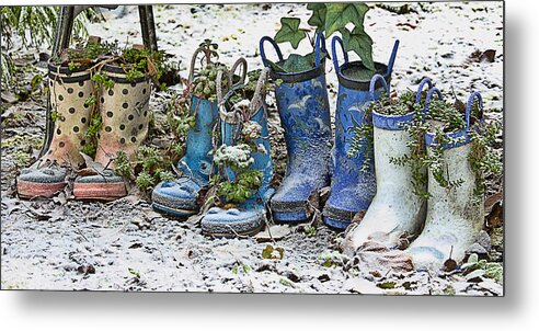 Yard Art Metal Print featuring the photograph Snowy Cold Rubber Boots by Ron Roberts