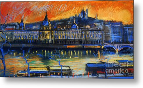 Sunset Over The City Metal Print featuring the painting Sunset Over The City - Lyon France by Mona Edulesco