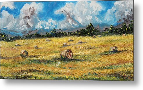 Landscape. Field Metal Print featuring the painting The Reaping by Meaghan Troup