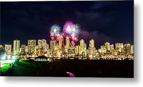 Fireworks Metal Print featuring the photograph Waikiki Fireworks Celebration 2 by Jason Chu