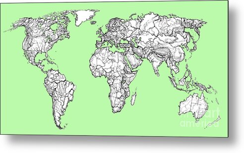 World Metal Print featuring the drawing World map in pistachio green by Adendorff Design