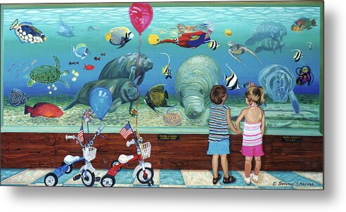 Aquarium Metal Print featuring the painting Aquarium with Twins Towel version by Bonnie Siracusa