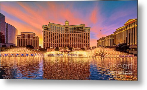 Bellagio Metal Print featuring the photograph Bellagio Fountains Warm Sunset 2 to 1 Ratio by Aloha Art