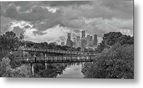 Downtown Metal Print featuring the photograph Black and White Panorama of Downtown Houston and Buffalo Bayou from the Studemont Bridge - Texas by Silvio Ligutti