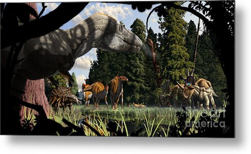 Paleoart Metal Print featuring the digital art Campanian Montana landscape by Julius Csotonyi