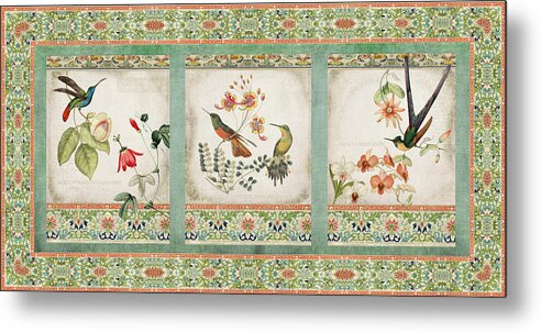 Chinese Ornamental Paper Metal Print featuring the digital art Triptych - Chinoiserie Vintage Hummingbirds n Flowers by Audrey Jeanne Roberts