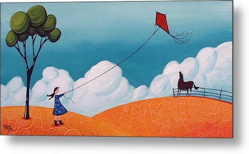 Art Metal Print featuring the painting Flying With Becky - whimsical landscape by Debbie Criswell