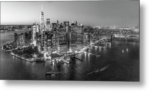 Aerial View Metal Print featuring the photograph Illuminated Lower Manhattan NYC BW by Susan Candelario